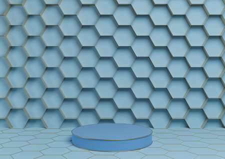 Bright, light sky blue 3D rendering product display podium luxurious golden honeycomb abstract...