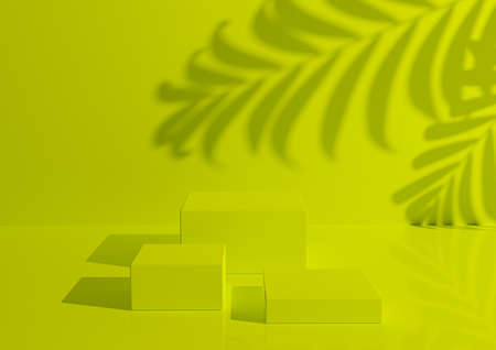Three podiums or stands on electric yellow background for product display. Minimalistic composition for product photography 3D rendering mockup.の写真素材