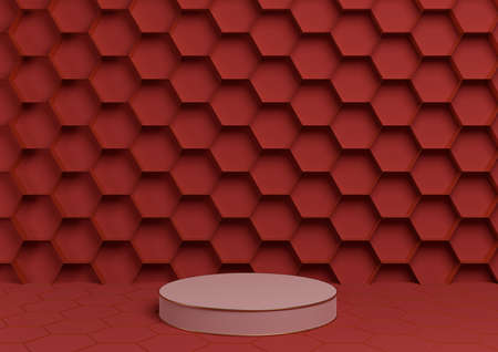 Bright maroon, dark red 3D rendering product display podium luxurious golden honeycomb abstract...