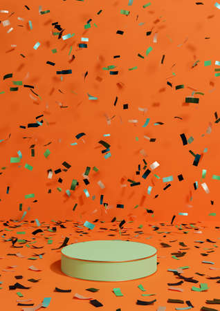 Neon orange, bright red 3D rendering product display pedestal stand anniversary products, celebration with confetti around podium with golden line for luxury products simple, minimal backgroundの写真素材