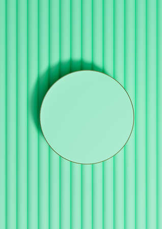Bright turquoise green 3D rendering of top view flat lay product display cylinder podium or stand product photography background or wallpaper, minimal, simple, luxury backdrop with golden lineの写真素材