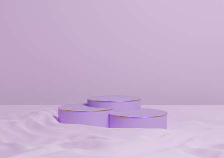 Light, pastel, lavender purple 3D rendering minimal product display three luxury cylinder podiums or stands, on wavy textile product photography background apstract composition with golden lines cosmeticの写真素材