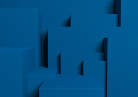 Dark, aqua blue 3D rendering product display podium or stand simple, minimal, abstract, asymmetrical background or wallpaper for product photography or advertisement city silhouetteの写真素材