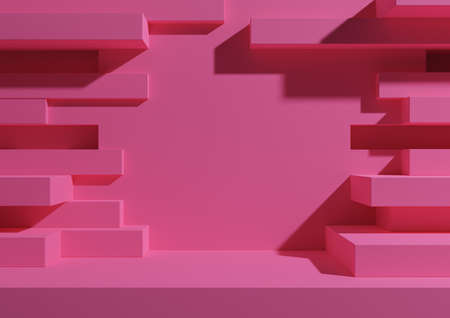 Bright magenta, neon pink 3D rendering product display podium or stand with abstract brick wall or portal for product photography minimal, simple, geometric background wallpaper, for luxury grunge productsの写真素材