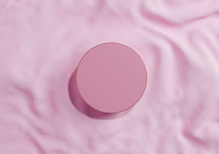 Light, pastel, lavender pink 3D rendering minimal product display top view flat lay circle podium or stand with gold line on wavy textile for luxury cosmetic product photography from aboveの写真素材