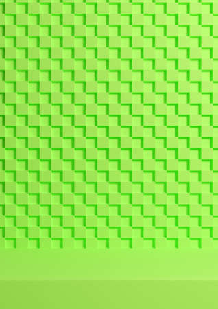Bright, neon green 3d Illustration simple minimal product display background side view on checkered crisscross pattern background for cosmetic product photographyの写真素材