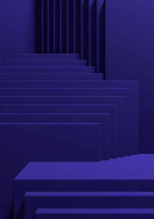 Dark blue 3D Illustration simple minimal product display background side view abstract squares podium stand for product photography or wallpaper for luxury productsの写真素材