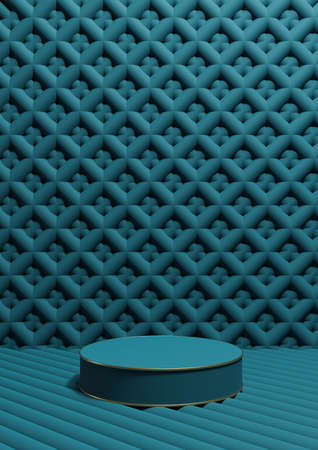 Dark teal, aqua blue 3D rendering luxury product display vertical product photography one cylinder podium stand golden line and ornament wallpaper or background simple, minimal compositionの写真素材