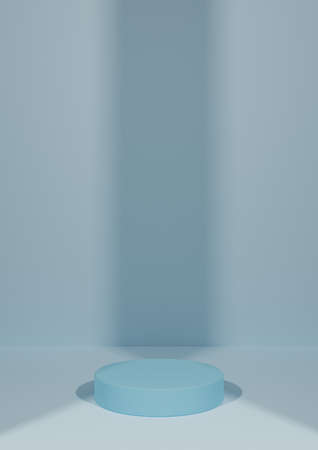 Light, pastel, baby blue 3D rendering simple, minimal, blank product photography display background with one cylinder podium stand with two lights shining spot light centered and verticalの写真素材