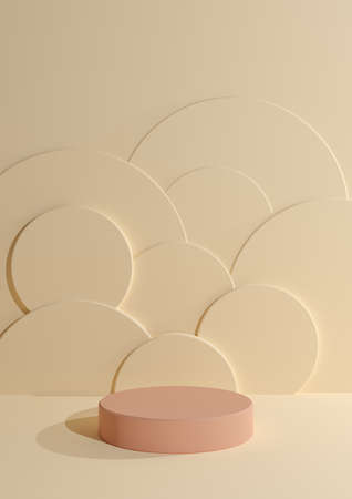 Light beige, pastel orange 3D rendering simple, minimal, blank product photography display with one cylinder podium stand with circle bubbles in the background for cosmetic productsの写真素材