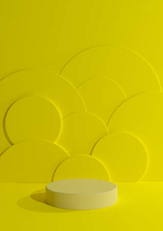 Bright, neon yellow 3D rendering simple, minimal, blank product photography display with one cylinder podium stand with circle bubbles in the background for cosmetic productsの写真素材