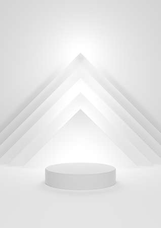 White, light gray, black and white 3D illustration simple, minimal product display with one cylinder stand with abstract pyramid triangle and lights at the top in the backgroundの写真素材