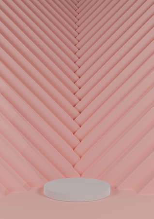 Pastel, light red, salmon pink 3D rendering simple, minimal, product display with one cylinder stand and triangle stair like pattern in the background pointing to productの写真素材