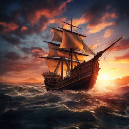 Medieval ship sailing toward an exotic distant landの素材