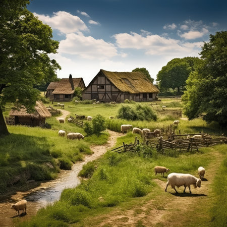 Medieval farm with thatched cottages and grazing livestockの素材