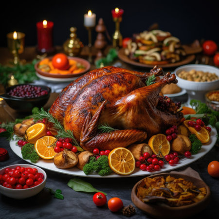 Holiday feast with a roasted turkey and all the trimmingsの素材