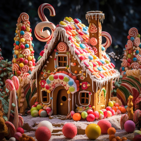 Gingerbread house with candy decorations in a sugar-covered landscapeの素材