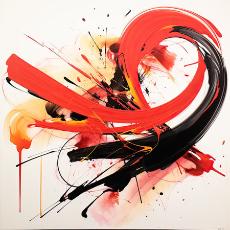 A fusion of crimson and ebony ink in an abstract calligraphyの素材
