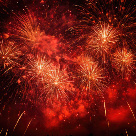 Blazing red and orange fireworks lighting up the night skyの素材