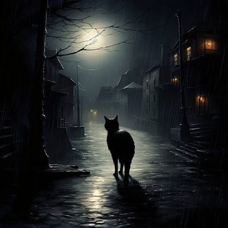 Black cat crossing a misty alleyの素材