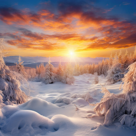 Christmas morning sunrise over a snow-covered landscapeの素材