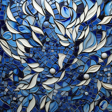 Azure and ivory porcelain shards forming an intricate mosaicの素材