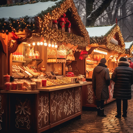 Christmas market with wooden stalls and festive treatsの素材