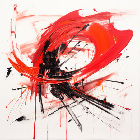A fusion of crimson and ebony ink in an expressive calligraphyの素材