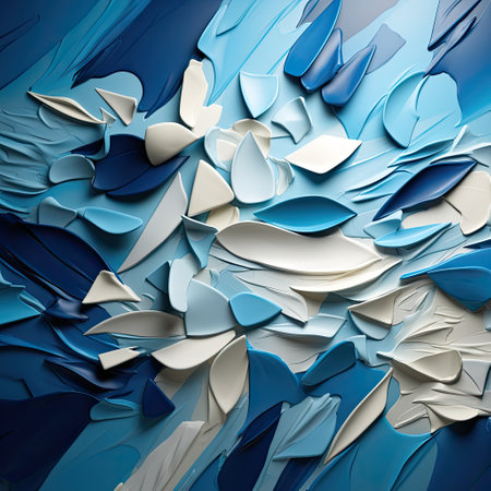 Azure and ivory porcelain shards in an artistic compositionの素材