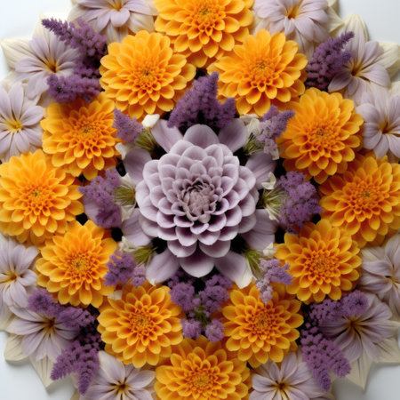 Marigold and lavender hexagons arranged in perfect symmetryの素材
