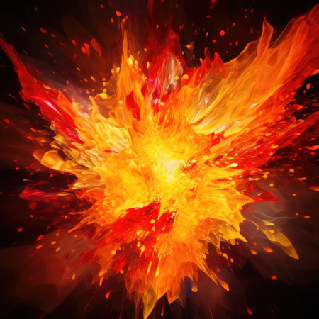 Radiant yellow and fiery red sparks in a fiery explosionの素材
