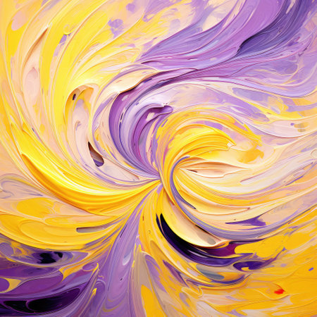 Swirling brushes of lemon yellow and lavender in an artistic blendの素材