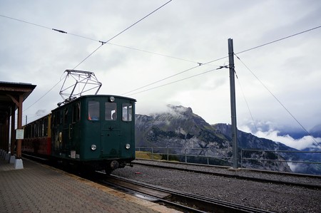 SCHYNIGE PLATTE, SWITZERLAND - 12 SEPTEMBER, 2017: Retro train traveling from Wilderswil to Schynige...