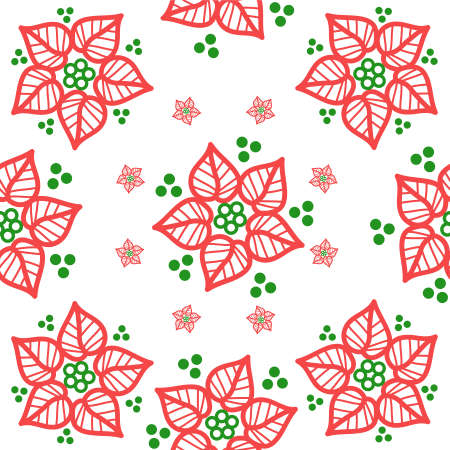 Red and green holiday flower vector illustration pattern scattered on a white backgroundのイラスト素材