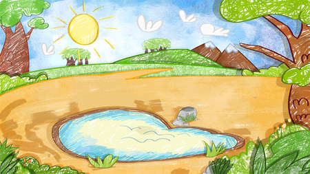 Africa Grassland Wildlife Animals Backdrop Background. Cute oil pastel drawing crayon doodle for children book illustration poster wall painting.の写真素材