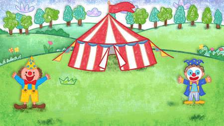 Circus clowns oil pastel crayon doodle hand-drawn illustrationの写真素材