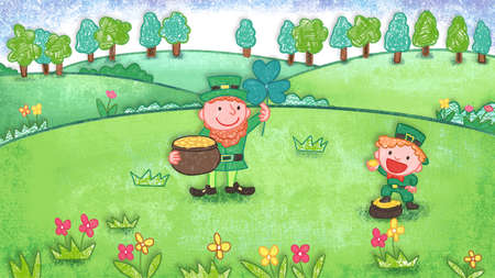 St Patricks Day three-leaf clover oil pastel crayon doodle hand-drawn illustrationの写真素材