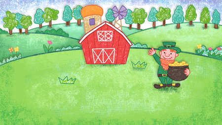 St Patricks Day three-leaf clover and gold coins oil pastel crayon doodle hand-drawn illustrationの写真素材