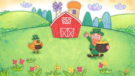 St Patrickâs Day gold coins oil pastel crayon doodle hand-drawn illustrationの写真素材