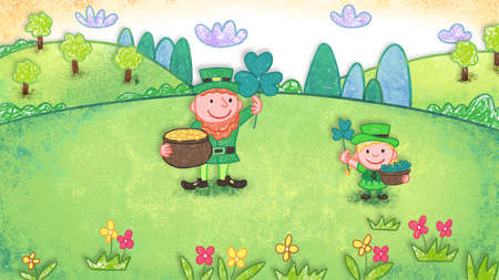 St Patrickâs Day three leaf clover and gold coins oil pastel crayon doodle hand-drawn illustrationの写真素材