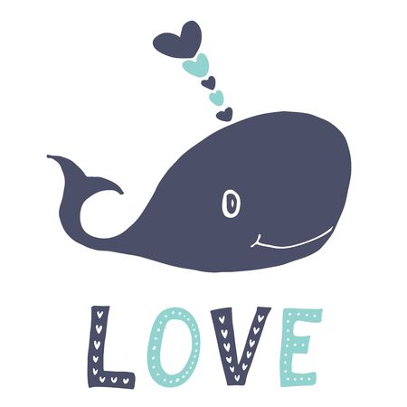 Blue whale with hearts splash with Love lettering. Valentines day postcard.のイラスト素材