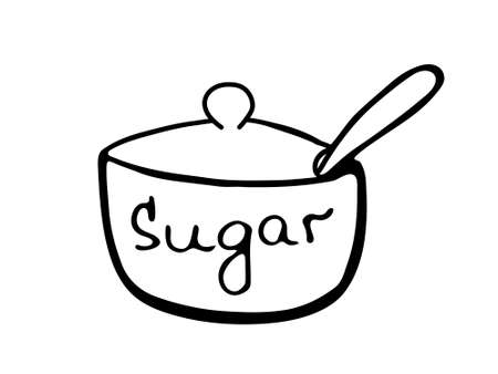 Sugar bowl with spoon and sign sugar. Hand drawn outline element. Vector isolated on white background.のイラスト素材