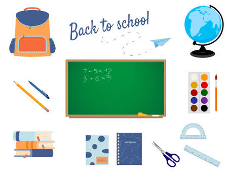 Set of school equipment with Back to school sign. Bagpack, blackboard, globe, paper plane, pen and pencil, ruler, books, notebooks, scissors and paints with brush. Vector isolated elements. EPS10のイラスト素材