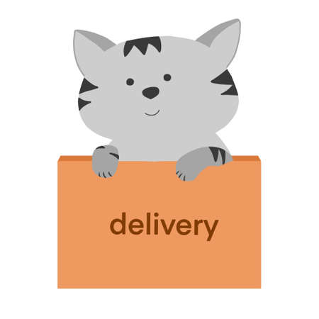 Cute grey cat in the delivery box. Vector isolated elements.のイラスト素材
