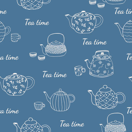 Seamless pattern with teapots and cups and sign Tea time. In blue colors. Good for textile, fabric for kitchen. Vector isolated EPS10のイラスト素材