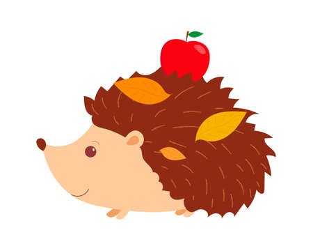 Cute hedgehog with apple and autumn leaves on his back.. Cartoon style. Vectorのイラスト素材