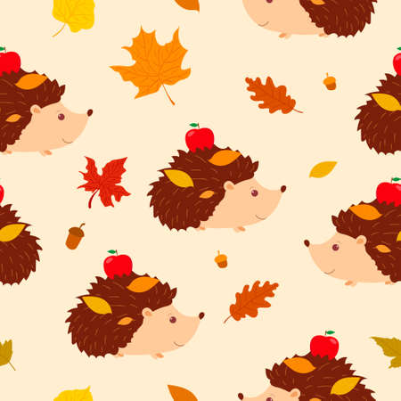 Seamless pattern with cute hedgehogs with apple and autumn leaves on his back. Cartoon style. Vector illustrationのイラスト素材