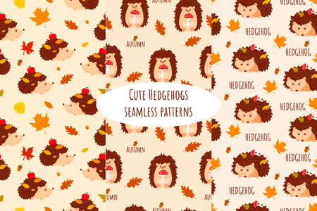 3 Seamless patterns with cute hedgehogs with apple and autumn leaves, mushrooms. Cartoon style. Vectorの写真素材