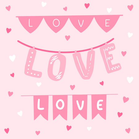 Cute pink postcard with LOVE garlands. Vectorのイラスト素材
