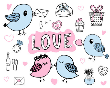 Cute love set with doodle elements with pink and blue accents. Vectorのイラスト素材